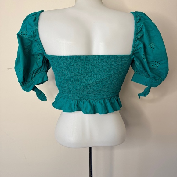 Zara Smocked Cropped Top Eyelet Ruffle Trim Green Puff Sleeve Boho Square Sz XS - Picture 3 of 14